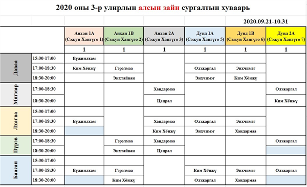 2020 оны намрын улирлын алсын зайн сургалтын хичээлийн хуваарь